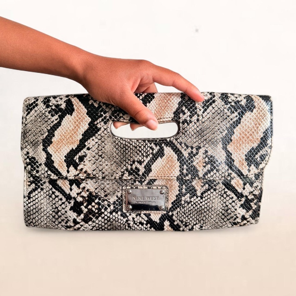 Nine West, Faux Snakeskin Envelope Clutch Handbag, Beige Gray Black